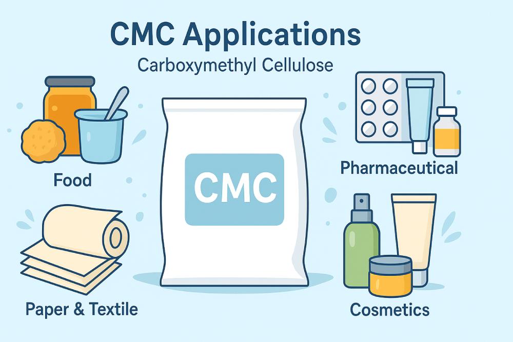 اینفوگرافیک کاربردهای کربوکسی متیل سلولز (CMC) در صنایع غذایی، دارویی، کاغذ و نساجی، و آرایشی بهداشتی.